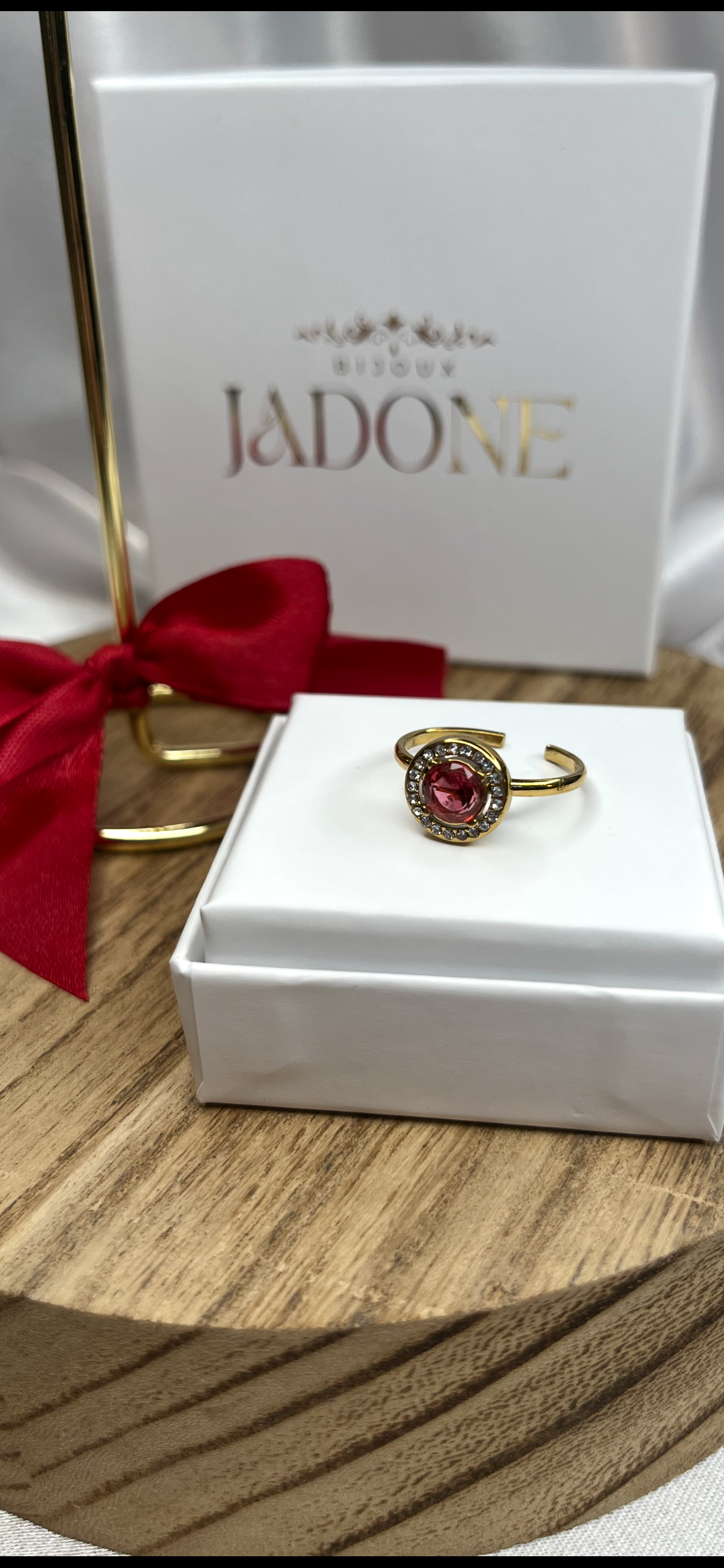 PROMESSE l Bague ajustable dorée, zircon blanc et rose