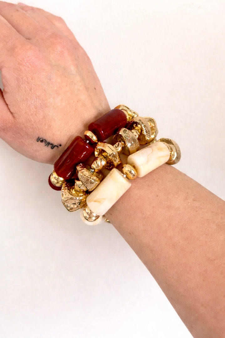 Star l bracelet extensible Bordeaux, doré et beige