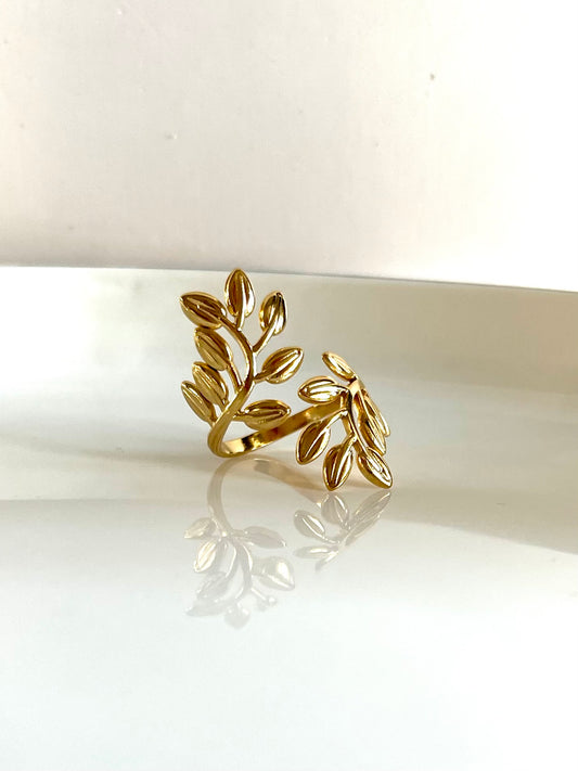 Morane l Bague ajustable feuille dorée