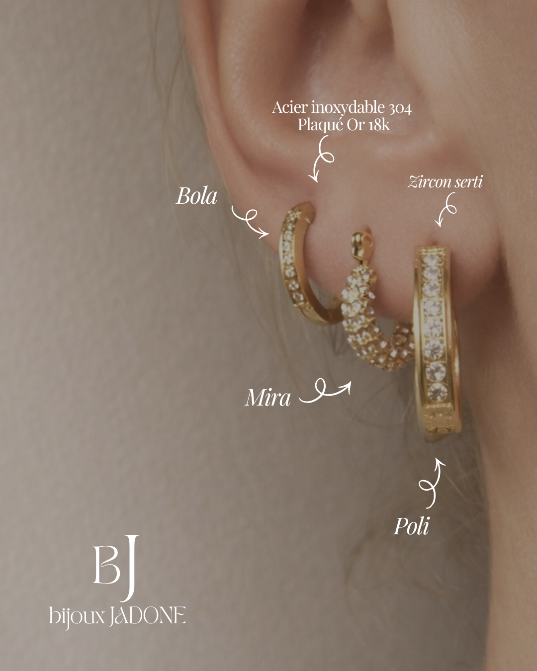 Poli l Mira l Bola ; combo boucles d'oreilles dorées et zircon blanc