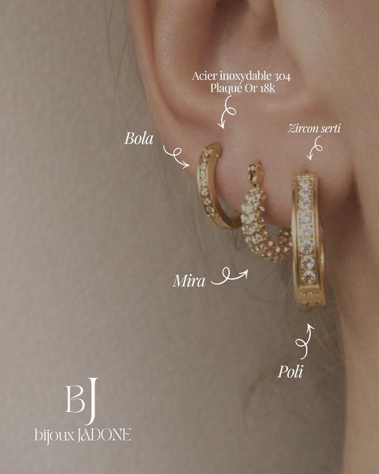 Poli l Mira l Bola ; combo boucles d'oreilles dorées et zircon blanc